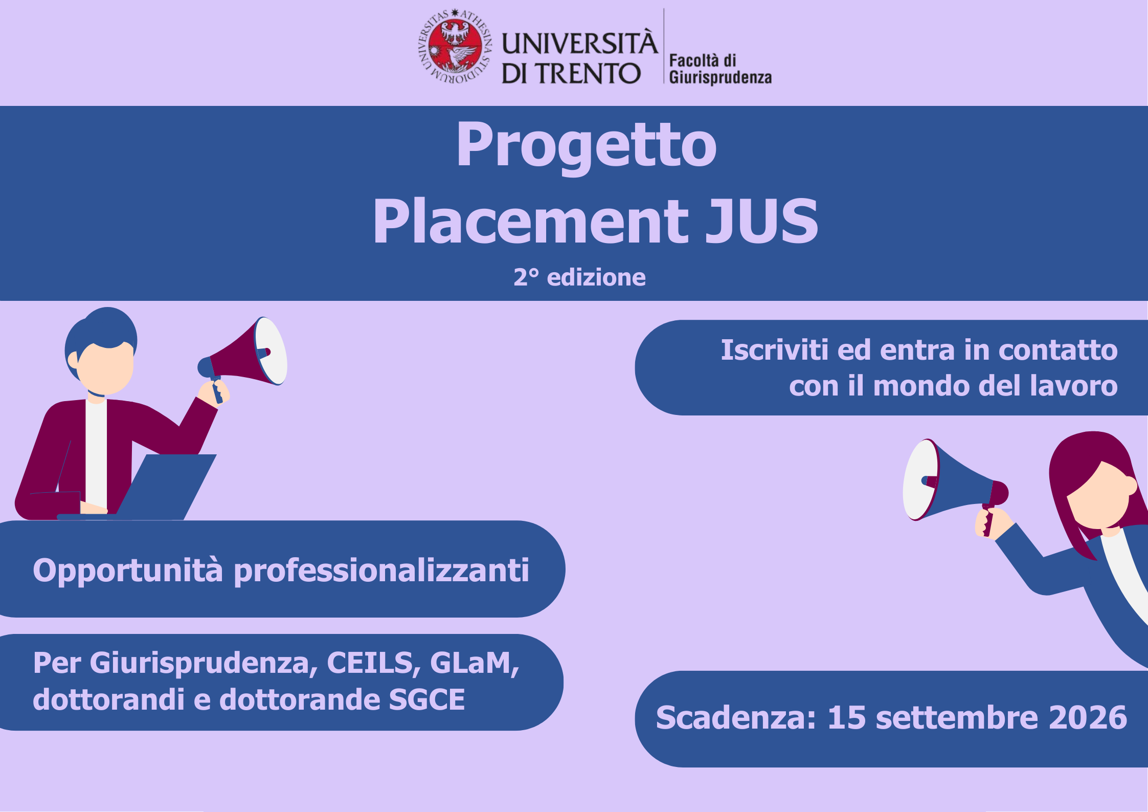 Locandina della seconda edizione del progetto placement jus, riportante le date e a chi è rivolto il progetto